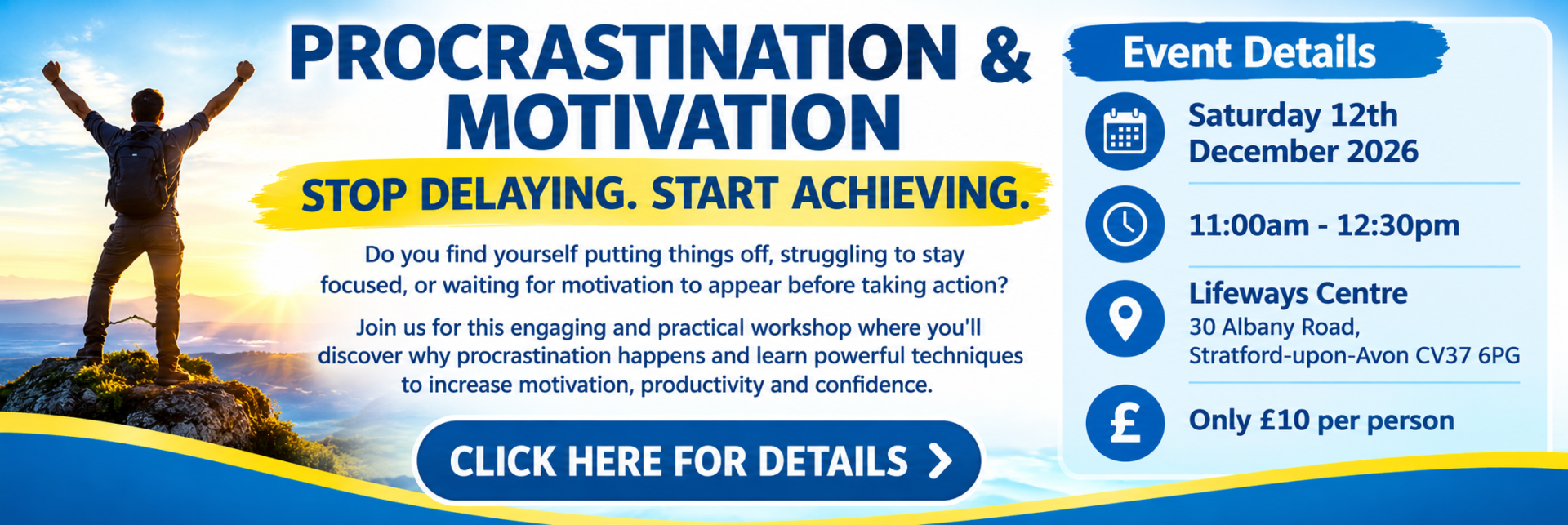 Procrastination & Motivation Workshop Banner Stress Buster, Personal Development Group